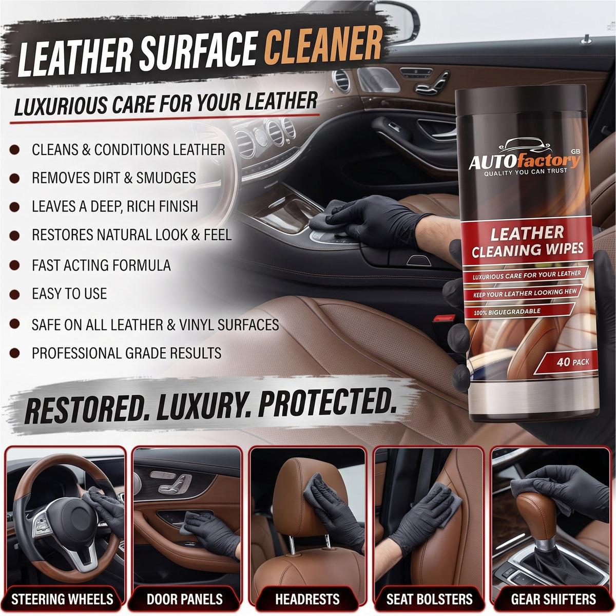 Leather cleaning wipes - 40pk